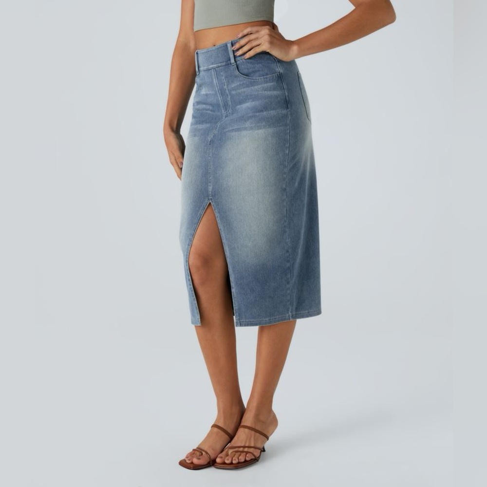 HALARA Flex™ High Waisted  Bodycon Washed Denim Midi Skirt - size Small